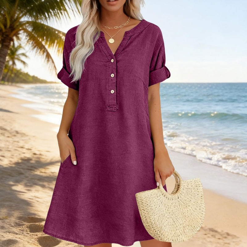 Fynessa - Robe tunique femme en coton avec décolleté en V et poches