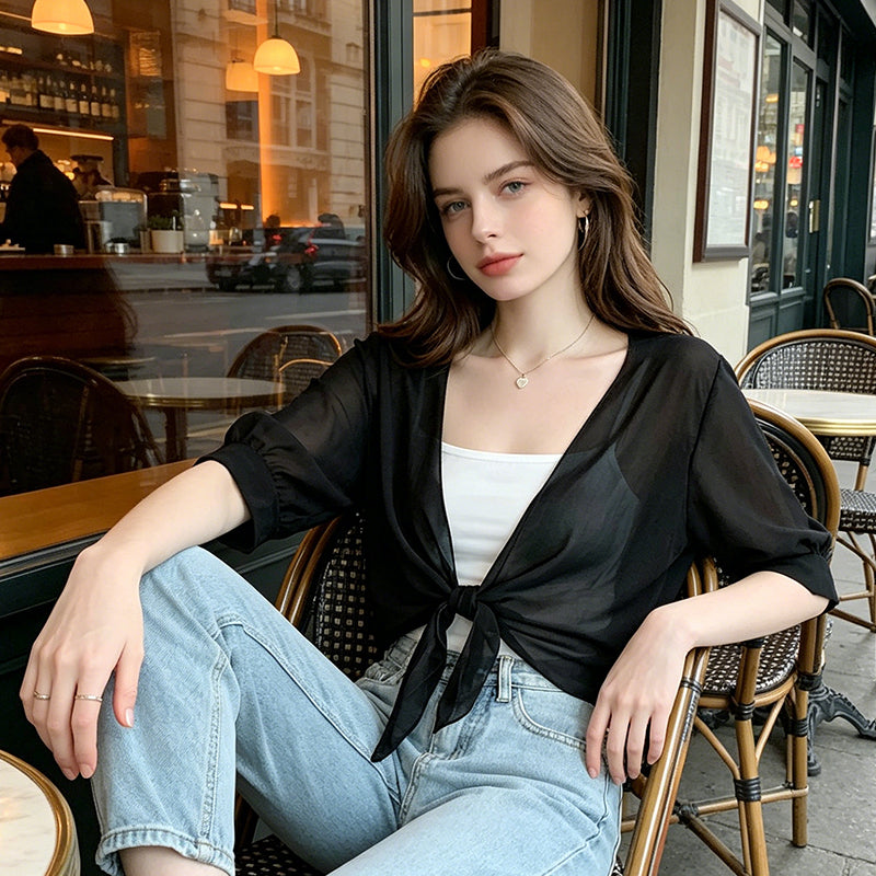 Brynoria - Top femme court en chiffon transparent à nouer devant