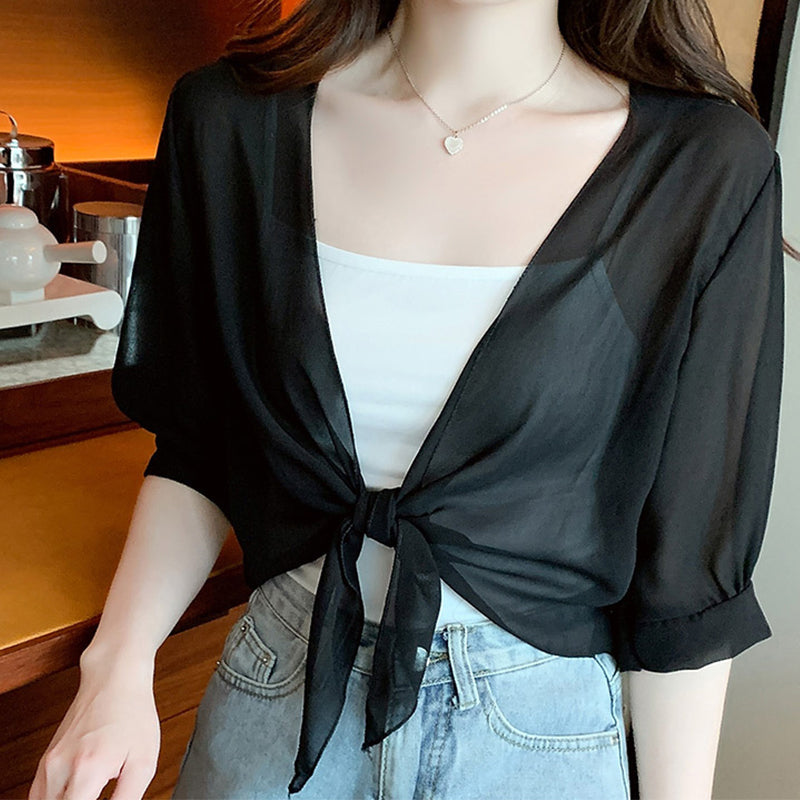 Brynoria - Top femme court en chiffon transparent à nouer devant