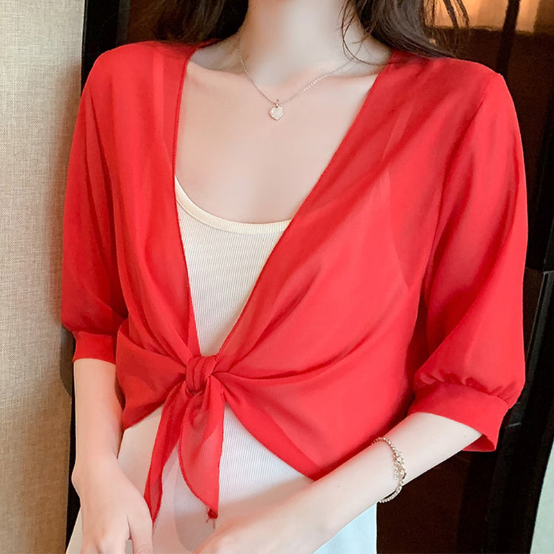 Brynoria - Top femme court en chiffon transparent à nouer devant
