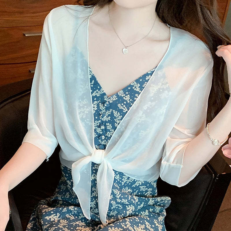 Brynoria - Top femme court en chiffon transparent à nouer devant