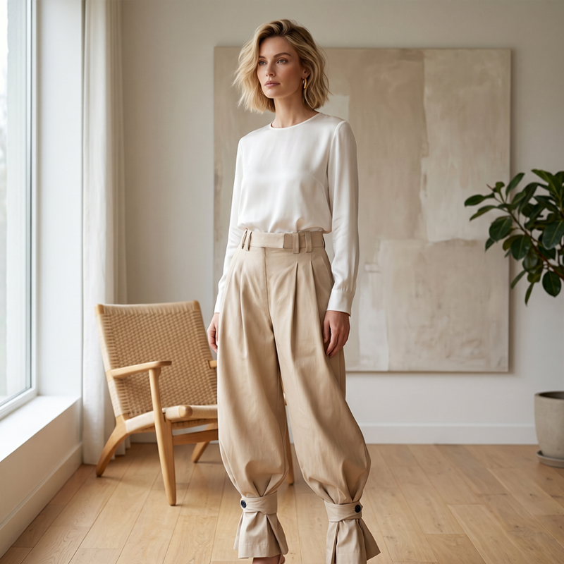 Liesbeth - Pantalon femme  plissé avec poignets volantés