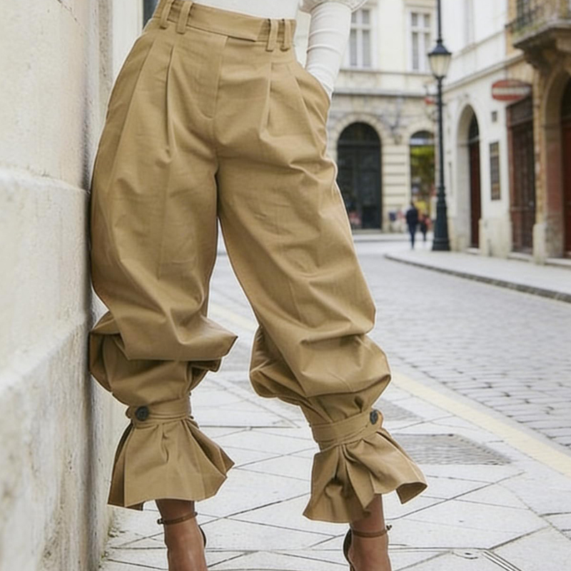 Liesbeth - Pantalon femme  plissé avec poignets volantés