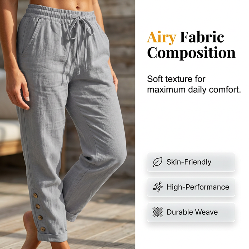 Korielle - Pantalon femme léger avec taille à cordon et boutons aux chevilles