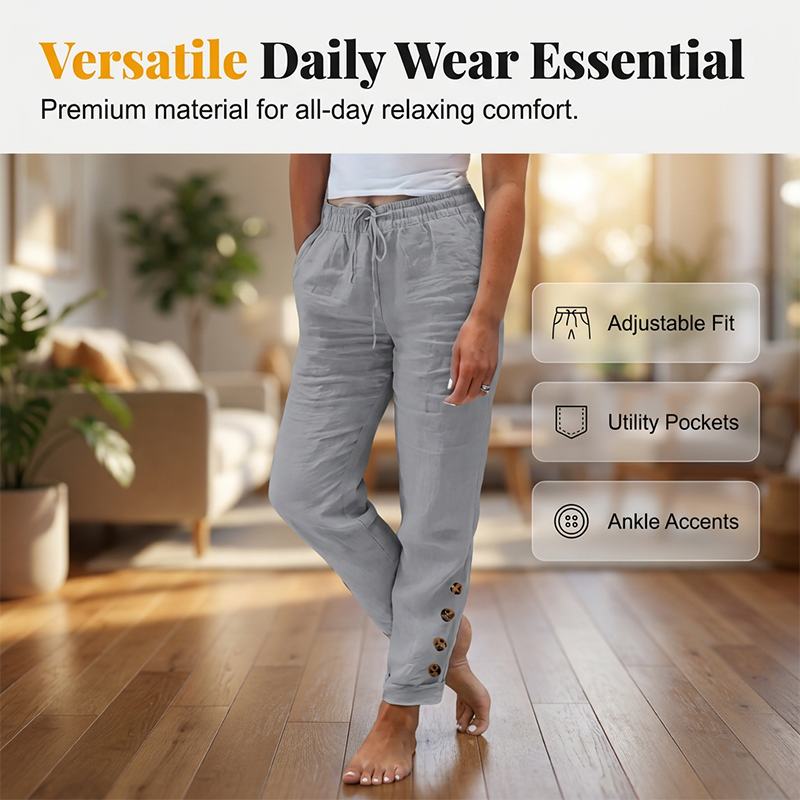 Korielle - Pantalon femme léger avec taille à cordon et boutons aux chevilles