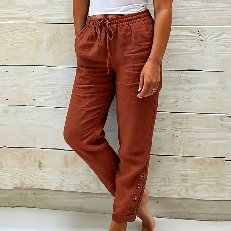 Korielle - Pantalon femme léger avec taille à cordon et boutons aux chevilles