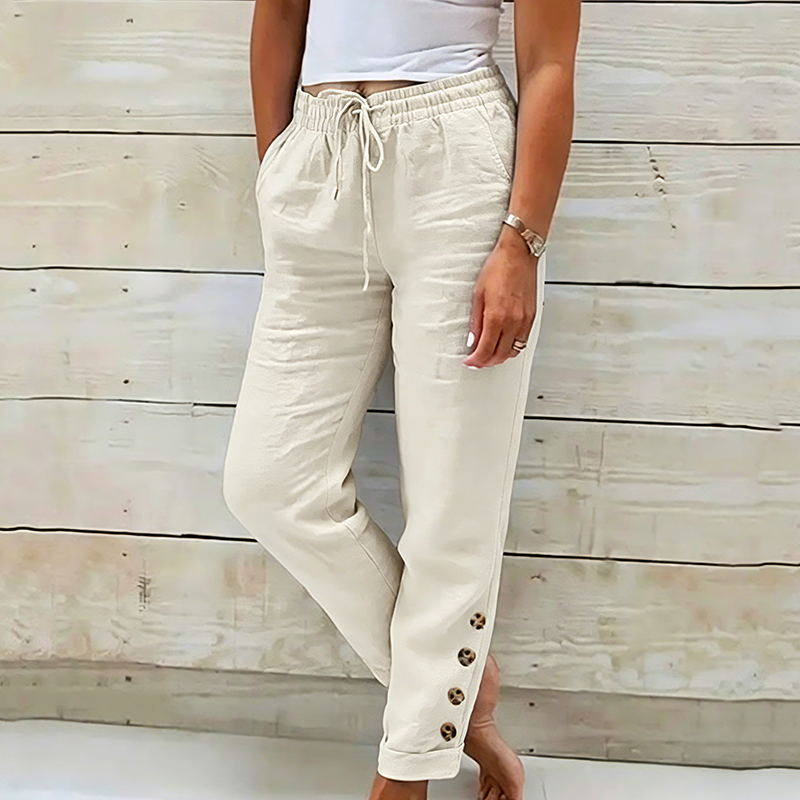 Korielle - Pantalon femme léger avec taille à cordon et boutons aux chevilles