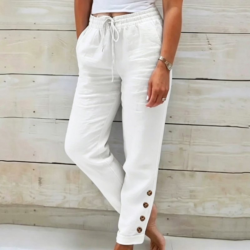 Korielle - Pantalon femme léger avec taille à cordon et boutons aux chevilles
