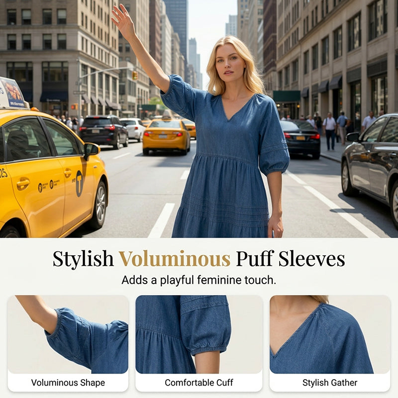 Olivessa - Robe femme en jean légère à col V coupe décontractée