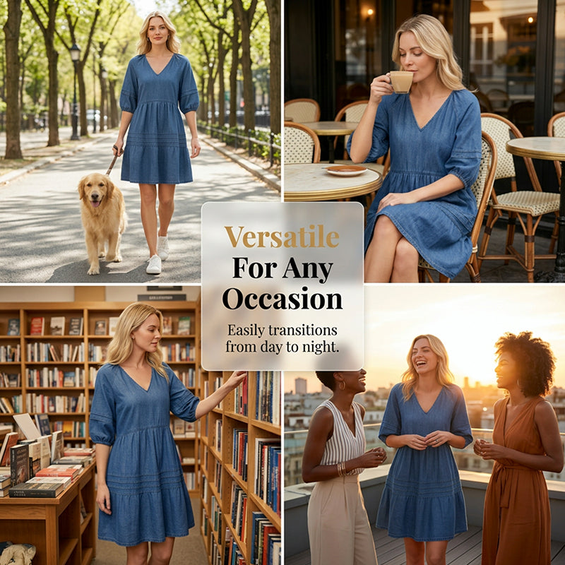 Olivessa - Robe femme en jean légère à col V coupe décontractée