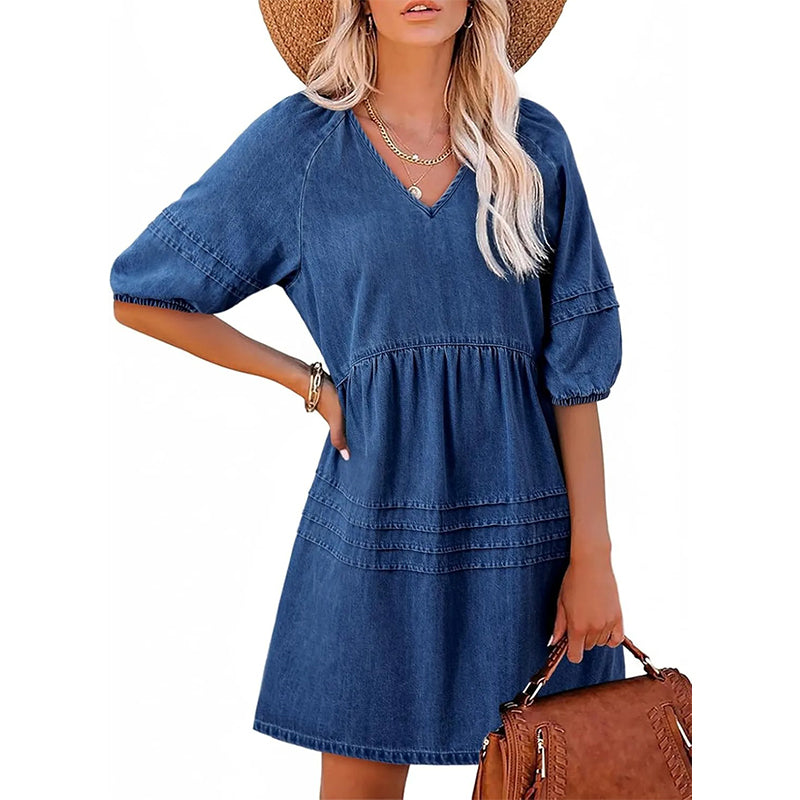 Olivessa - Robe femme en jean légère à col V coupe décontractée