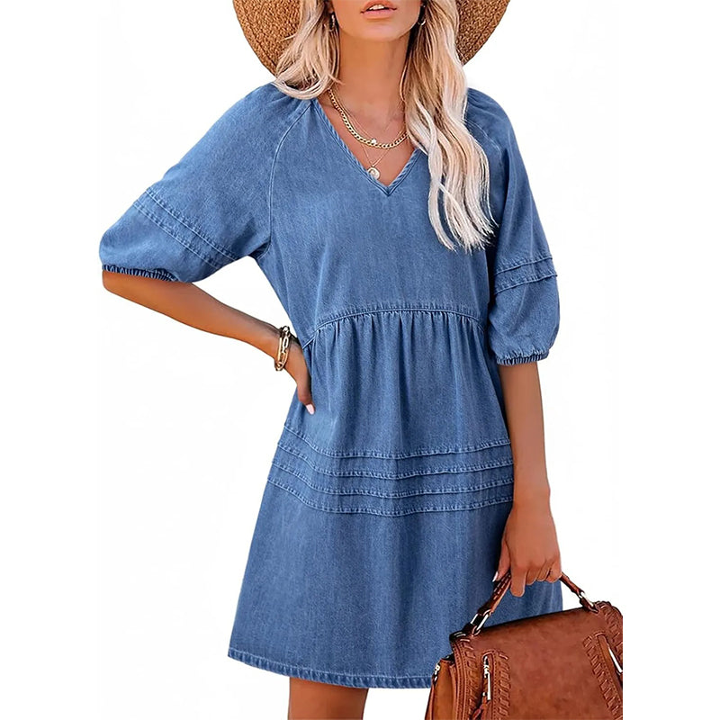 Olivessa - Robe femme en jean légère à col V coupe décontractée