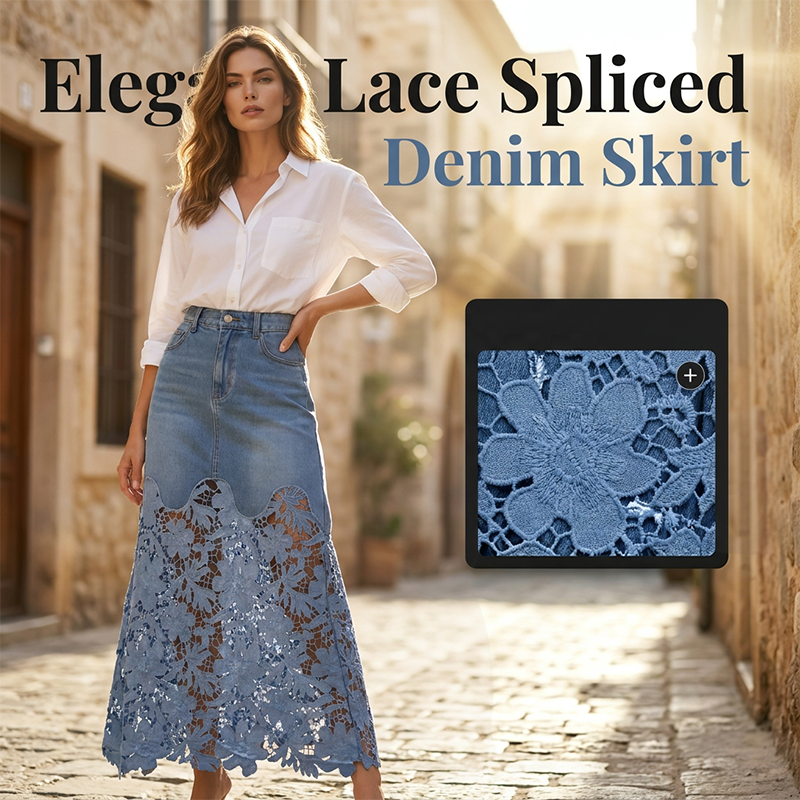 Helynora - Jupe longue denim femme avec bord en dentelle florale