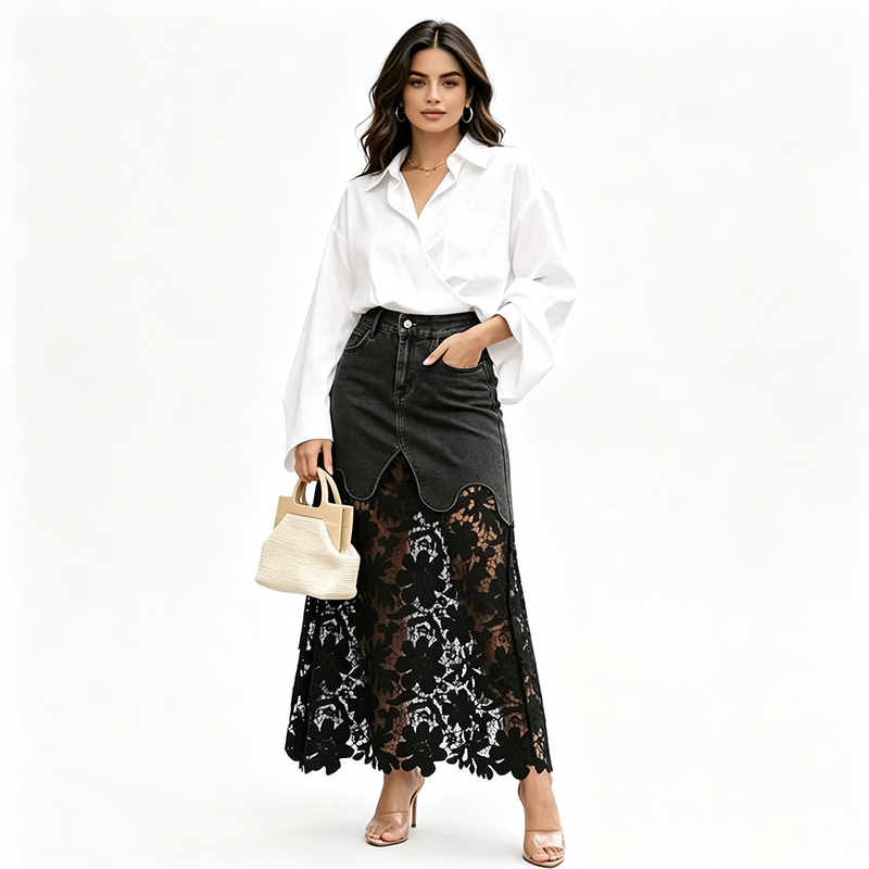 Helynora - Jupe longue denim femme avec bord en dentelle florale