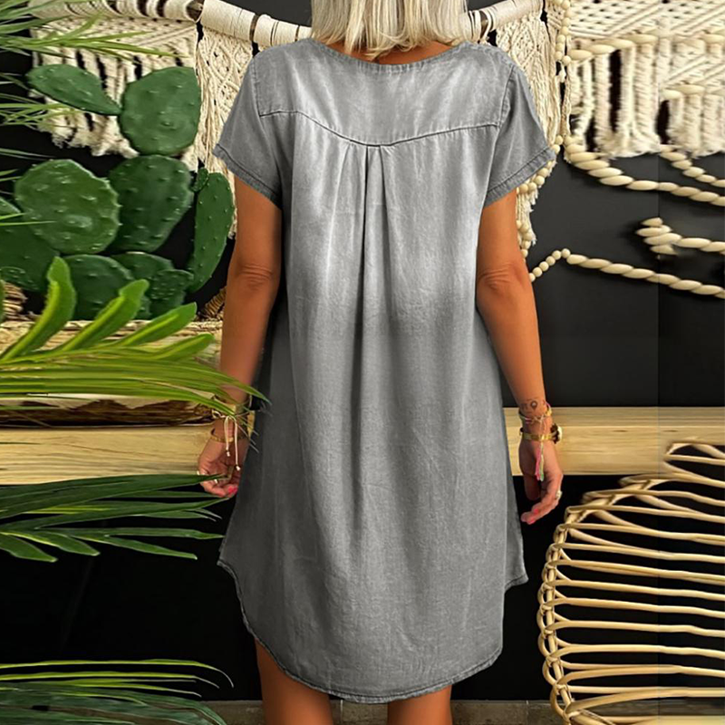 Loryssa - Robe denim femme à col V et manches courtes