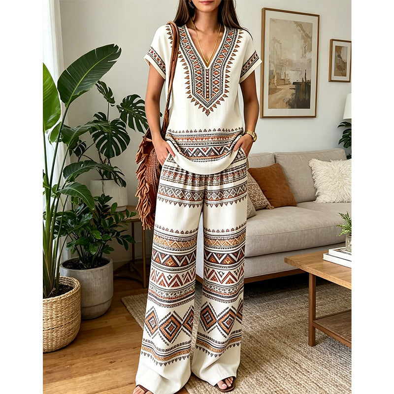Rynessa - Ensemble femme boho avec haut imprimé et pantalon large