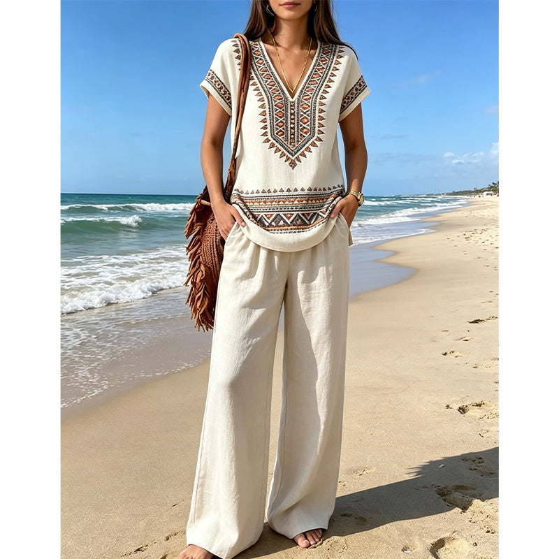 Rynessa - Ensemble femme boho avec haut imprimé et pantalon large