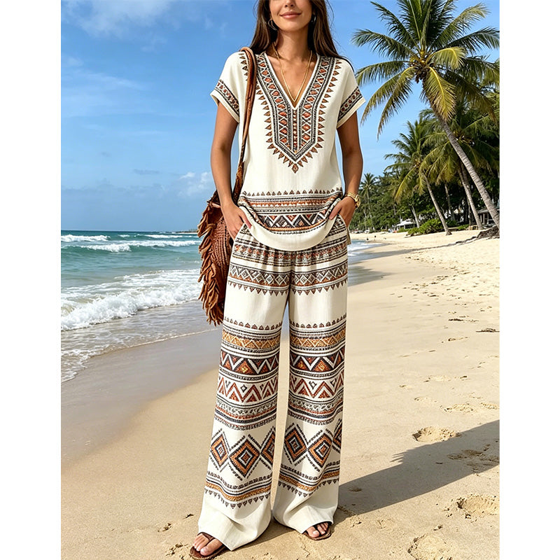 Rynessa - Ensemble femme boho avec haut imprimé et pantalon large