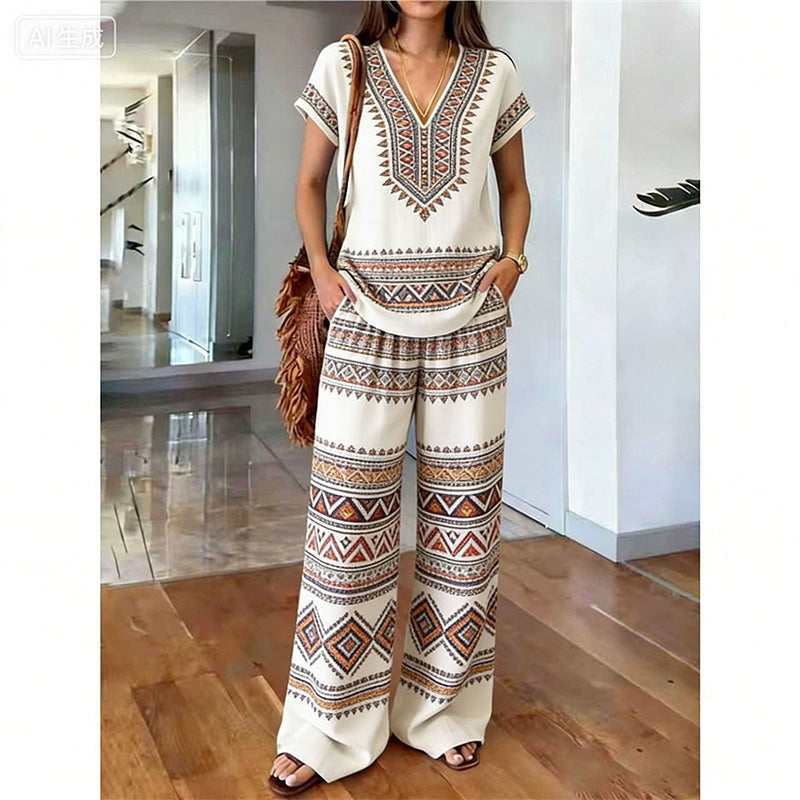 Rynessa - Ensemble femme boho avec haut imprimé et pantalon large