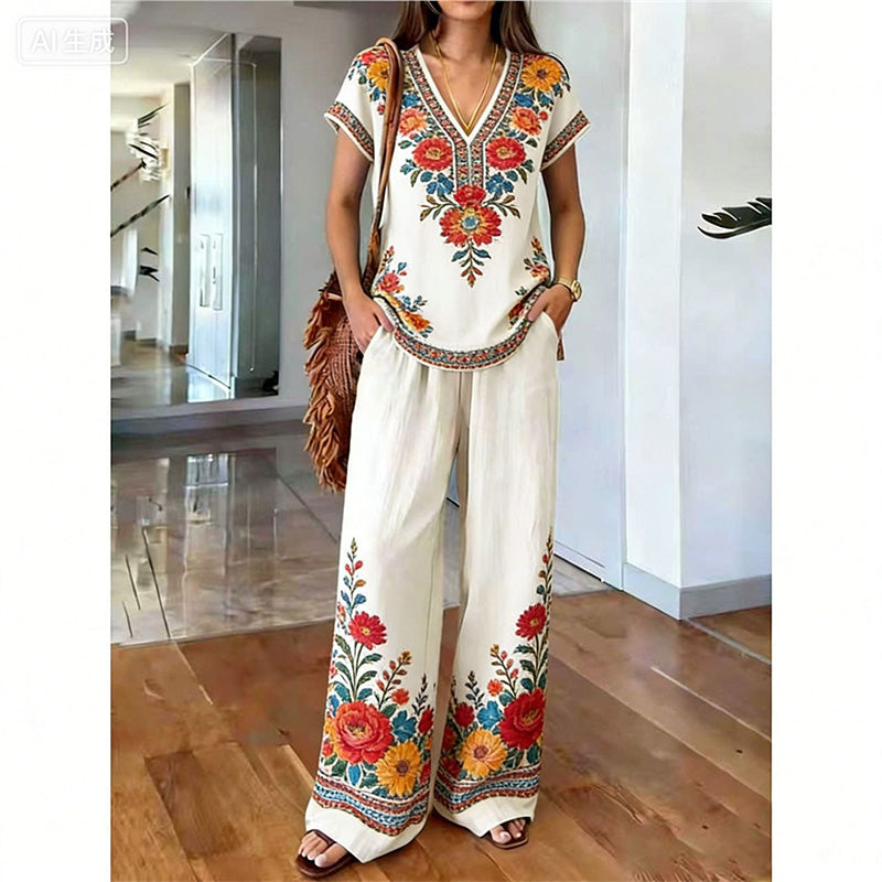 Rynessa - Ensemble femme boho avec haut imprimé et pantalon large