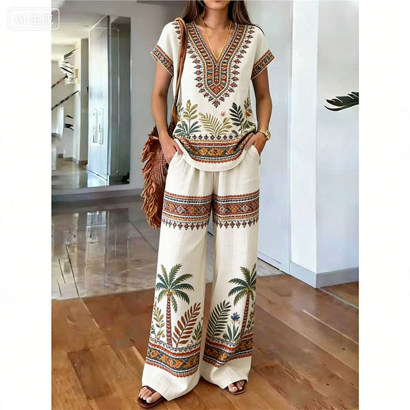 Rynessa - Ensemble femme boho avec haut imprimé et pantalon large