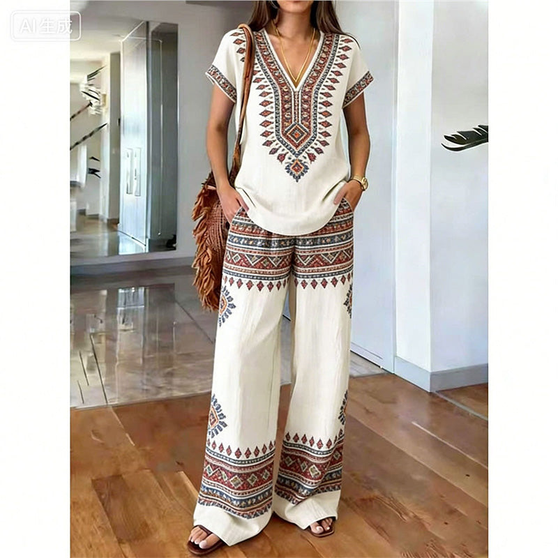 Rynessa - Ensemble femme boho avec haut imprimé et pantalon large