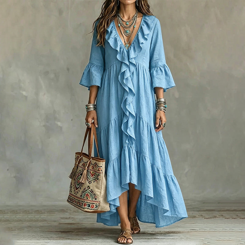 Amandra - Robe midi femme à volants avec col V