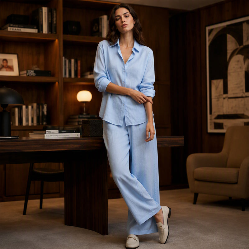 Mirthe - Ensemble femme chemise boutonnée avec pantalon large fluide