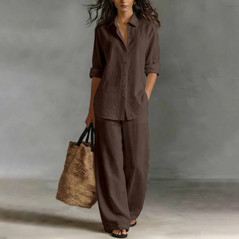 Mirthe - Ensemble femme chemise boutonnée avec pantalon large fluide
