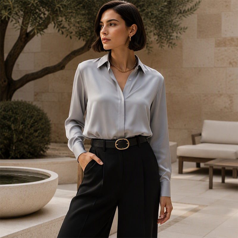 Zosja - Blouse femme satinée à manches longues et col chemise