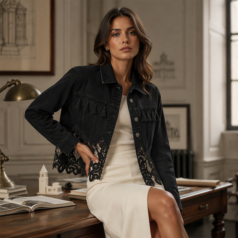 Senna - Veste femme en jean avec détails en dentelle