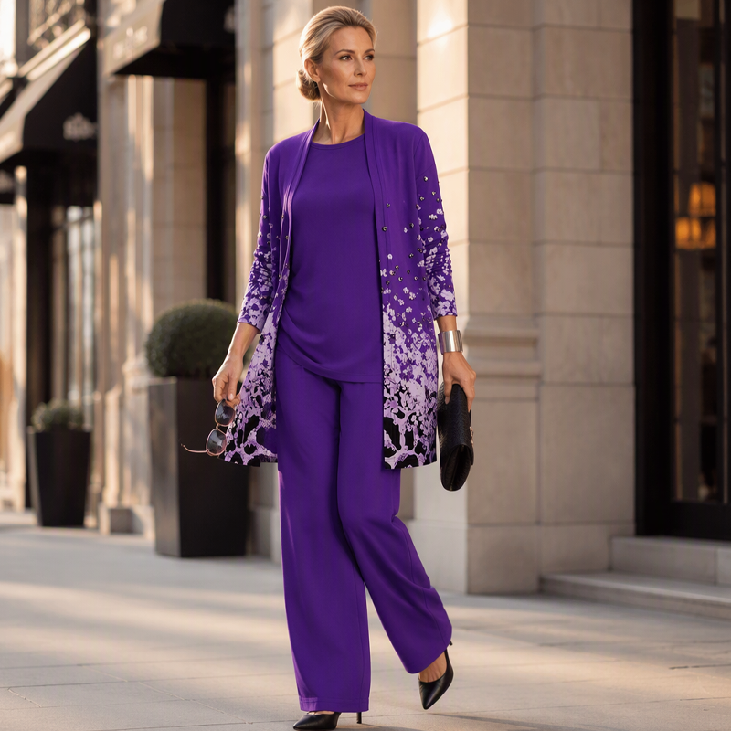 Safiya - Ensemble femme trois pièces imprimé avec cardigan long élégant