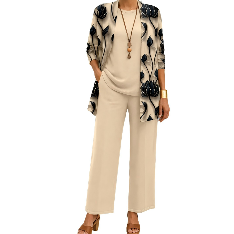 Safiya - Ensemble femme trois pièces imprimé avec cardigan long élégant