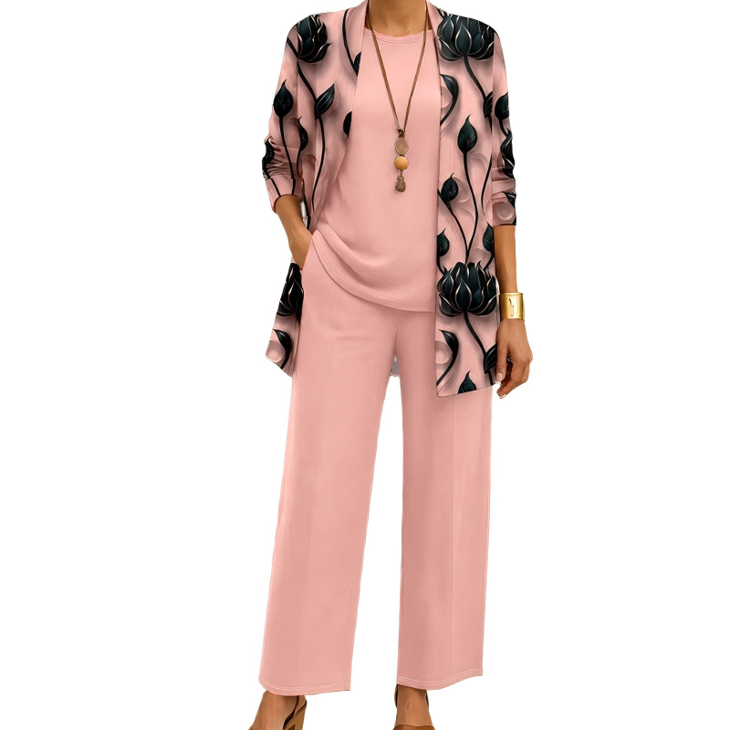 Safiya - Ensemble femme trois pièces imprimé avec cardigan long élégant
