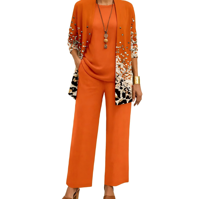 Safiya - Ensemble femme trois pièces imprimé avec cardigan long élégant