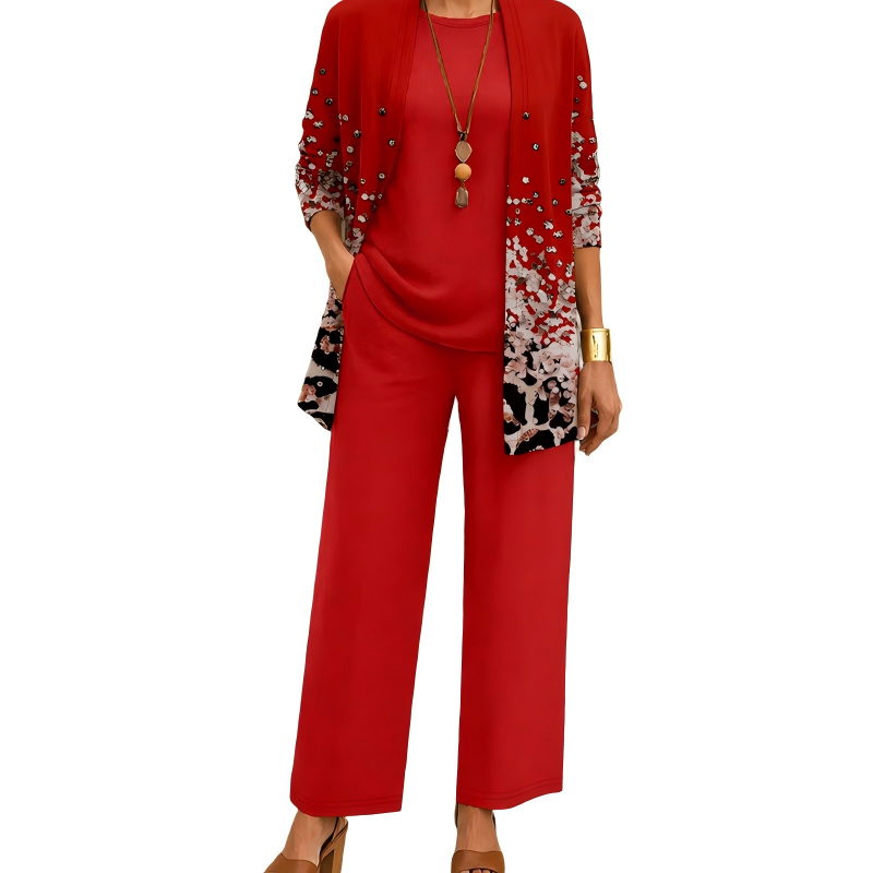 Safiya - Ensemble femme trois pièces imprimé avec cardigan long élégant