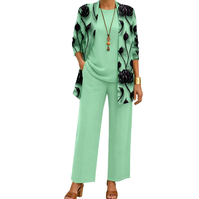 Safiya - Ensemble femme trois pièces imprimé avec cardigan long élégant