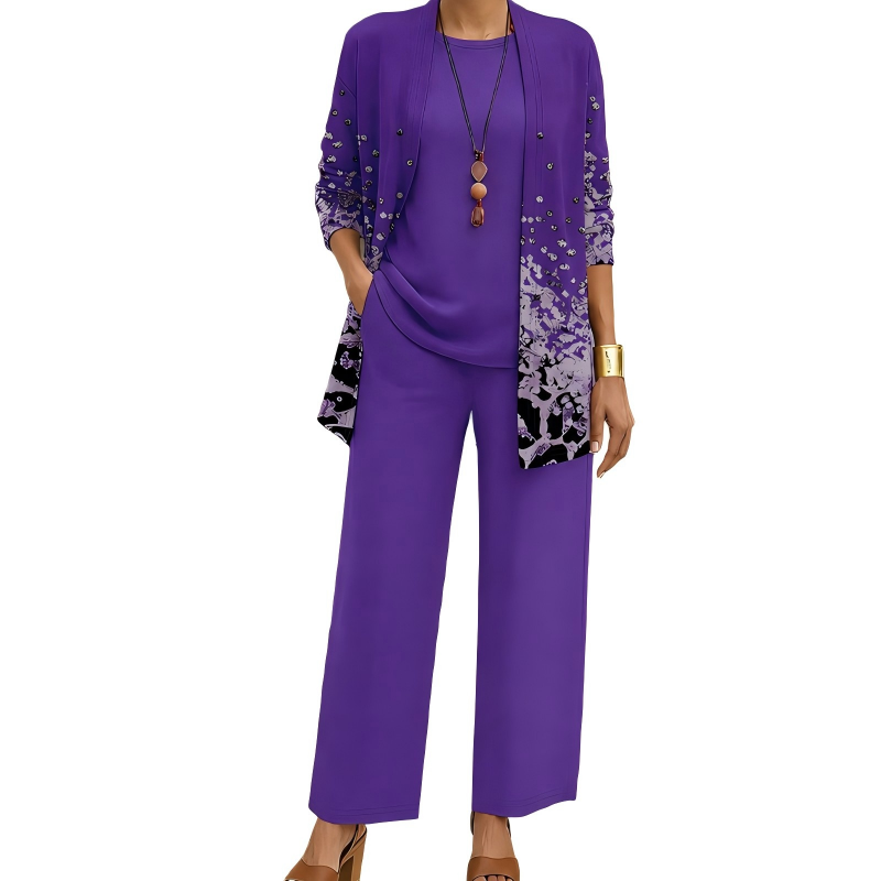 Safiya - Ensemble femme trois pièces imprimé avec cardigan long élégant