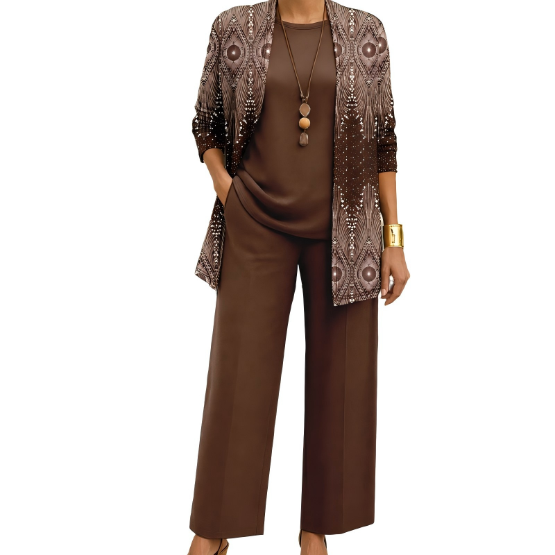 Safiya - Ensemble femme trois pièces imprimé avec cardigan long élégant