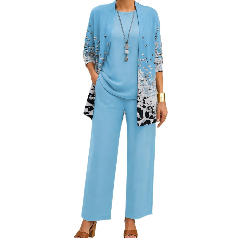 Safiya - Ensemble femme trois pièces imprimé avec cardigan long élégant