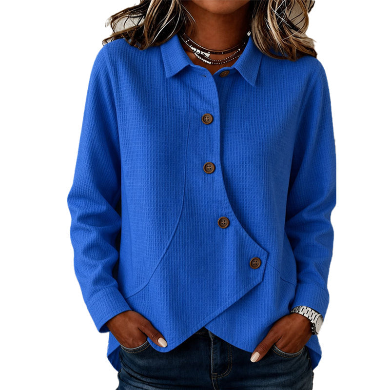 Tiphaine - Haut femme en tricot boutonné avec ourlet asymétrique