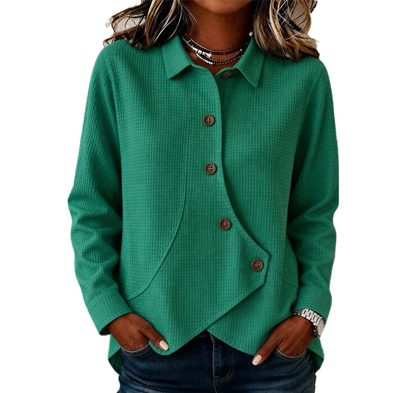 Tiphaine - Haut femme en tricot boutonné avec ourlet asymétrique