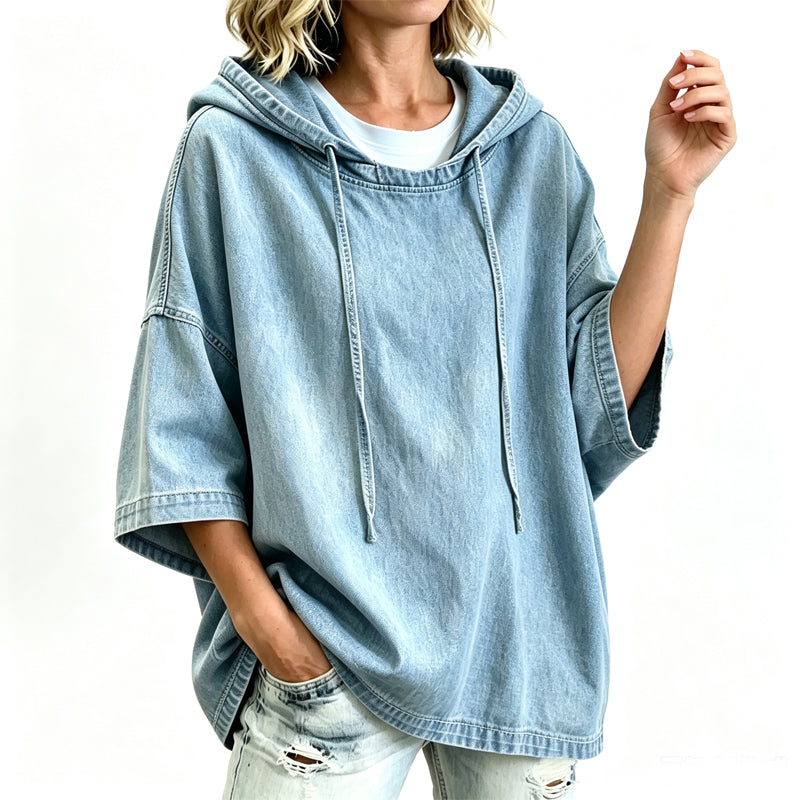 Adélaïde - T-shirt femme à capuche effet denim décontracté
