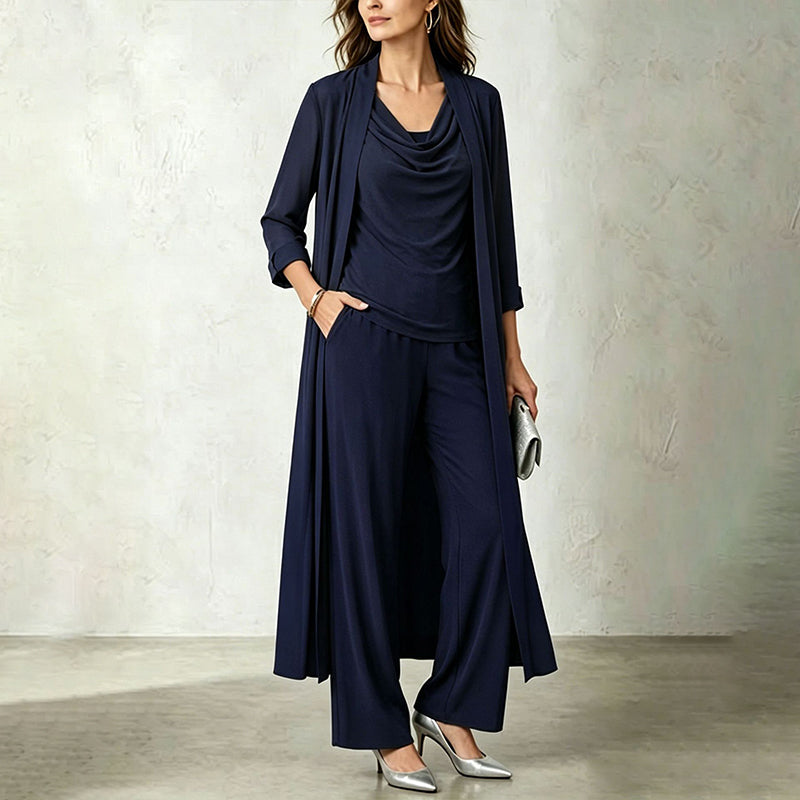 Élodine - Ensemble trois pièces femme avec cardigan long et pantalon fluide