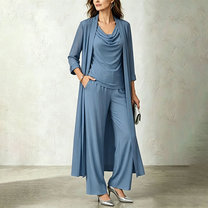 Élodine - Ensemble trois pièces femme avec cardigan long et pantalon fluide