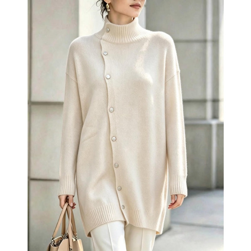 Clarinde - Women's Knitted Turtleneck Sweater with Asymmetrical Buttons