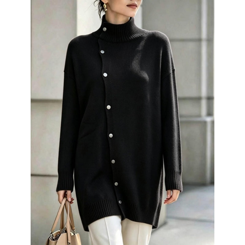Clarinde - Women's Knitted Turtleneck Sweater with Asymmetrical Buttons