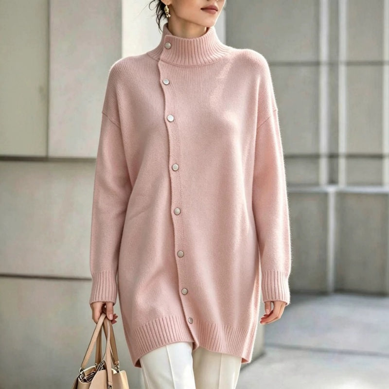 Clarinde - Women's Knitted Turtleneck Sweater with Asymmetrical Buttons