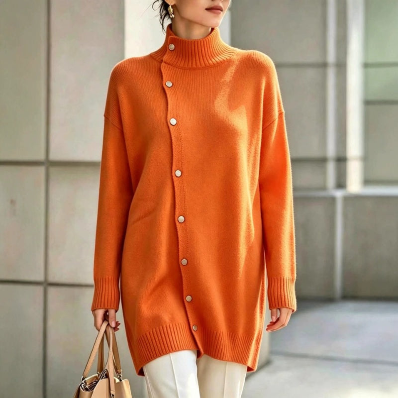 Clarinde - Women's Knitted Turtleneck Sweater with Asymmetrical Buttons