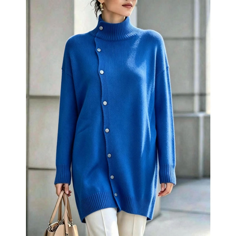 Clarinde - Women's Knitted Turtleneck Sweater with Asymmetrical Buttons